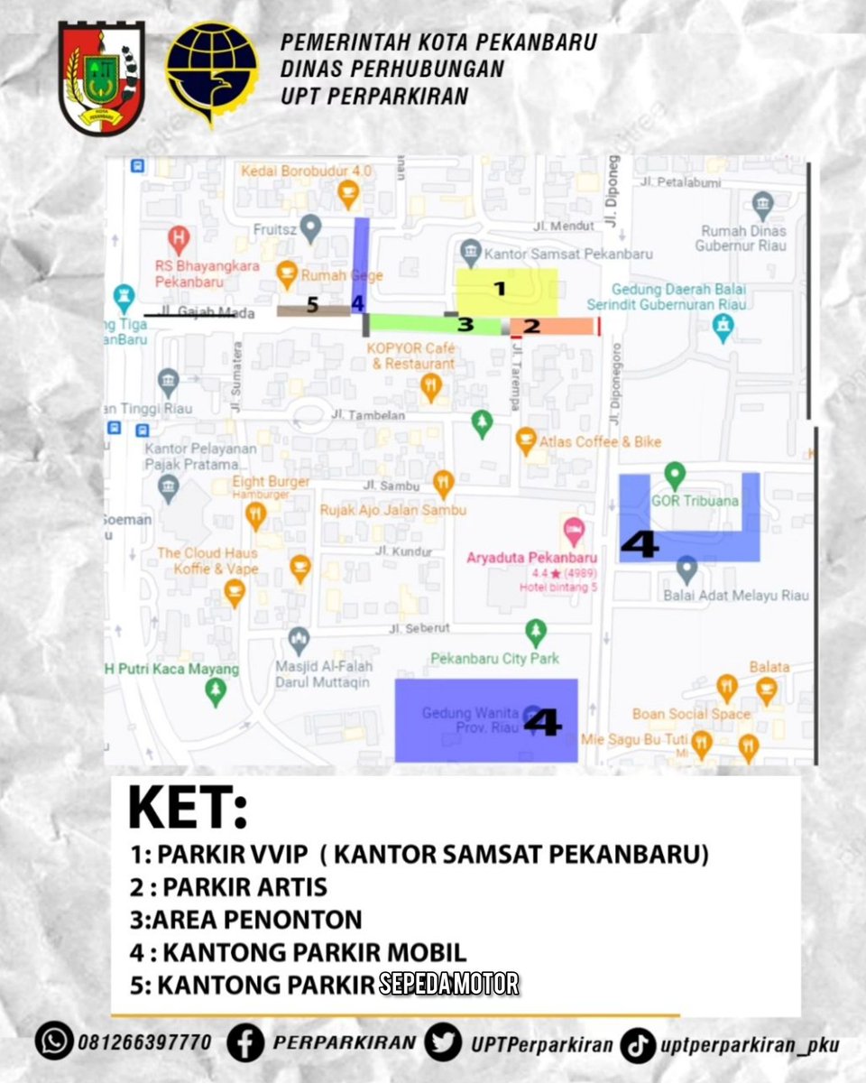infoPKU's tweet photo. Keterangan:
1. Parkir VVIP (Kantor Samsat Pekanbaru)
2. Parkir Artis 
3. Area Penonton 
4. Area Parkir Roda 4 (a. Gor Tribuana, b. Gedung Dharma Wanita Provinsi Riau, c. Jalan Borobudur 
5. Area Parkir Roda 2 (a. ruas jalan Gajah Mada https://t.co/joMR5PaXvR