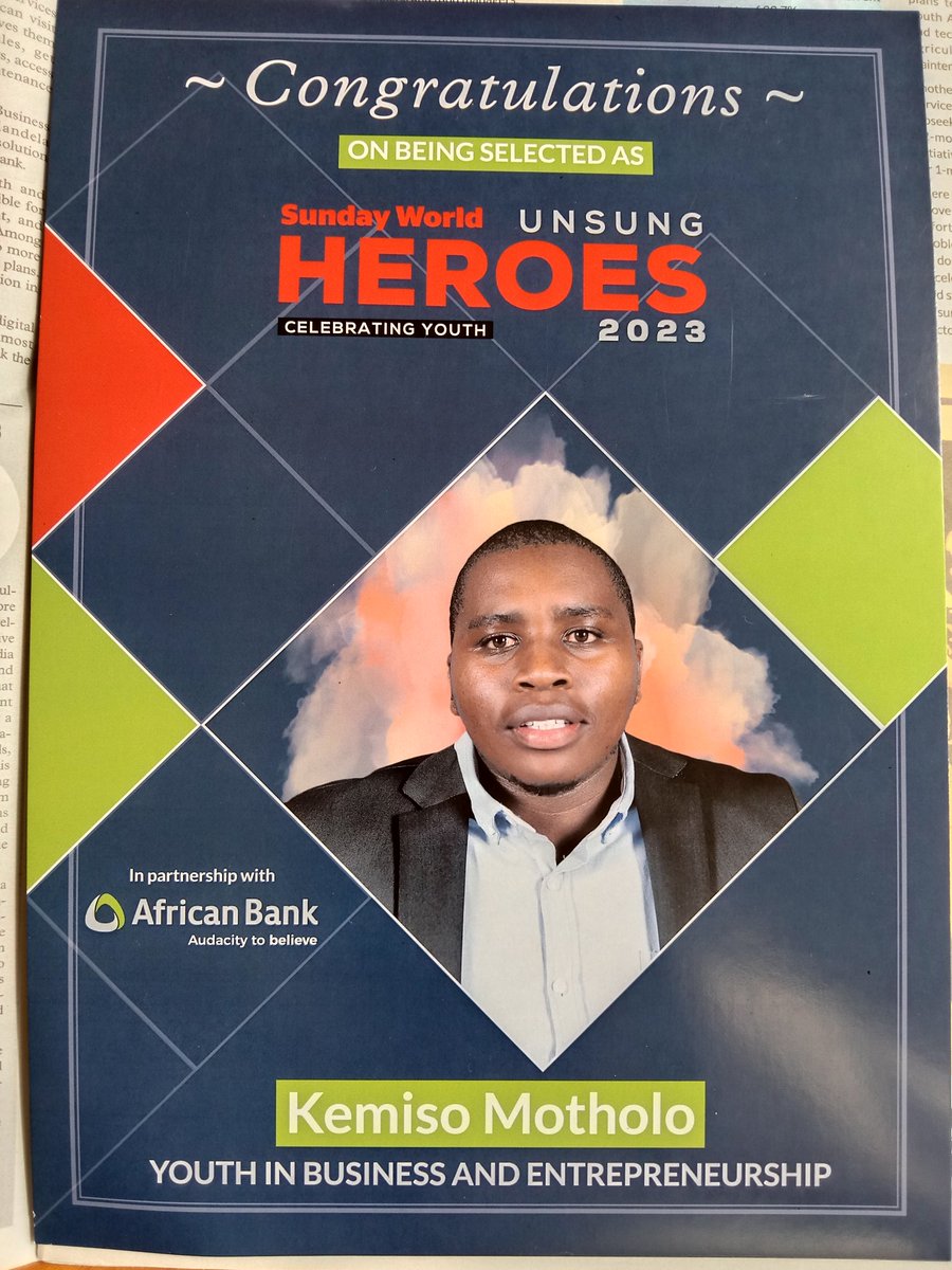 KemisoMo's tweet photo. I would like to take this opportunity to thank @SundayWorldZA for my nomination as one of their 2023 youth unsung heroes under the category : Youth in business and entrepreneurship. Thank you @AldrinSampear for being a great host #sundayworldunsungheroes https://t.co/3uy1bHnsy8