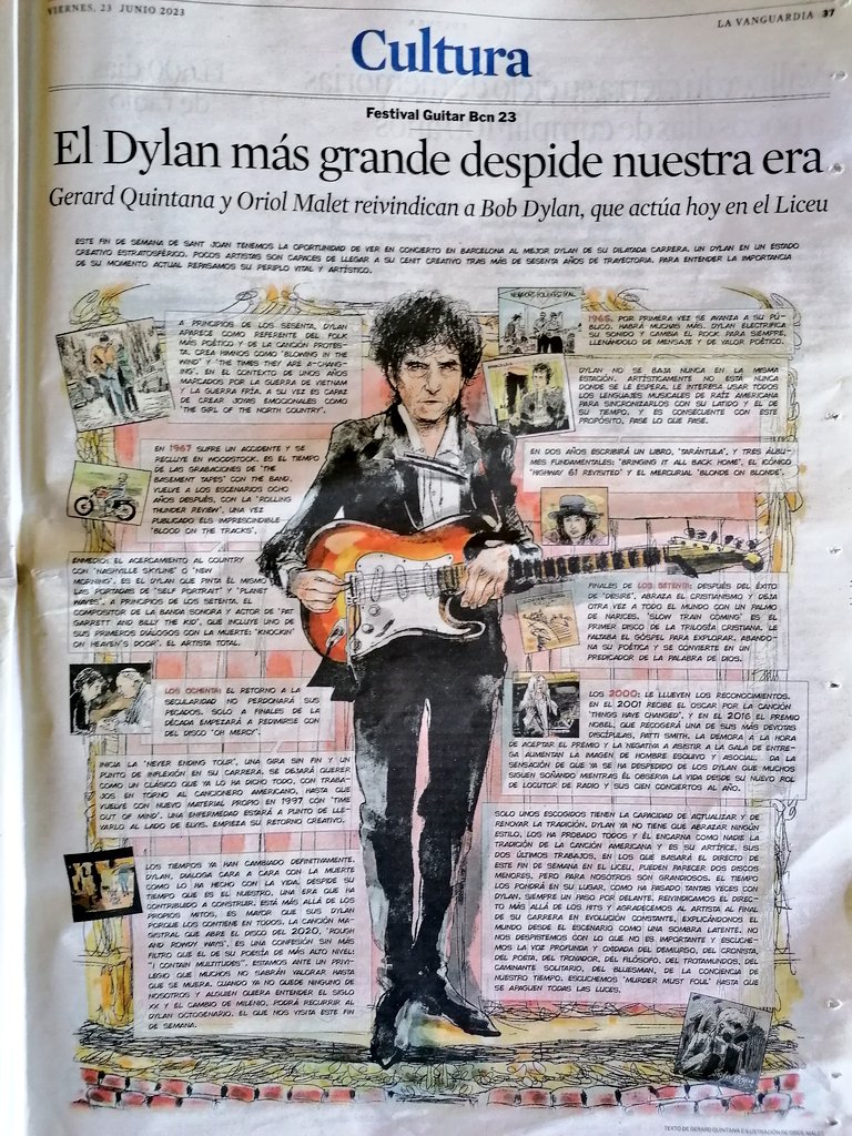 "Dylan no se baja nunca en la misma estación. Artísticamente no está nunca donde se le espera. Le interesa usar todos los lenguajes musicales de raíz americana para sincronizarlos con su latido y el de su tiempo. Y es consecuente con este propósito. Pase lo que pase." G. Quintana