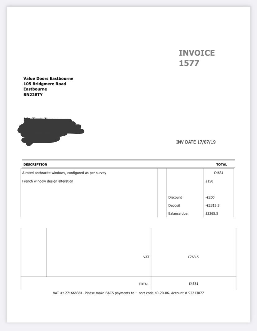 LizDiRs's tweet photo. @ValueDoorsUK Hello! We are trying to purchase a property that the sellers claim they used your services to fit their windows. Can you confirm/deny that an invoice like the below belongs to you? Worried it was fakes as there’s no branding? Thanks https://t.co/0YZXYY2mja
