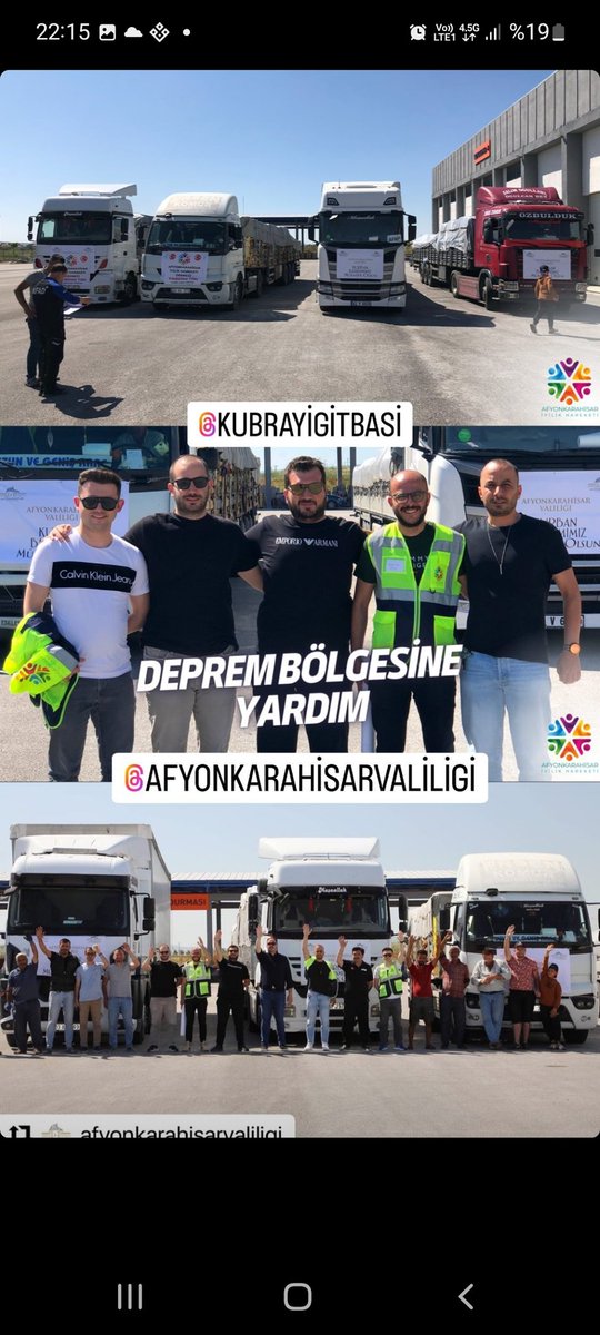 AfyonkarahisarH's tweet photo. Bu bayramda deprem bölgesindeki kardeslerimizi unutmadik sayin valimiz @kubrayigitbasi öncülugunde toplam 8 tır insani yardim deprem bolgelerine dogru yola cikti. Bize bir ay degil her ay ramazan ve her gün bayram :)  @zgrSepin2 https://t.co/dIsPD6Qydv