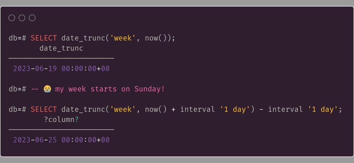 Here's a little #SQL snippet for all the people whose week *does not* start on Monday