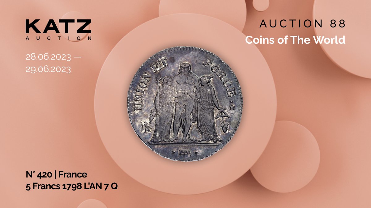 N° 420 | France 5 Francs 1798 L'AN 7 Q
katzauction.com/lot/331444
F# 296, N# 156963; small leaf; with outer acorn only; Silver; Hercules; UNC with mint luster & nice toning

#auction #KATZauction #numismatic #coin #money #oldcoins #worldcoins #currency #numismaticsociety