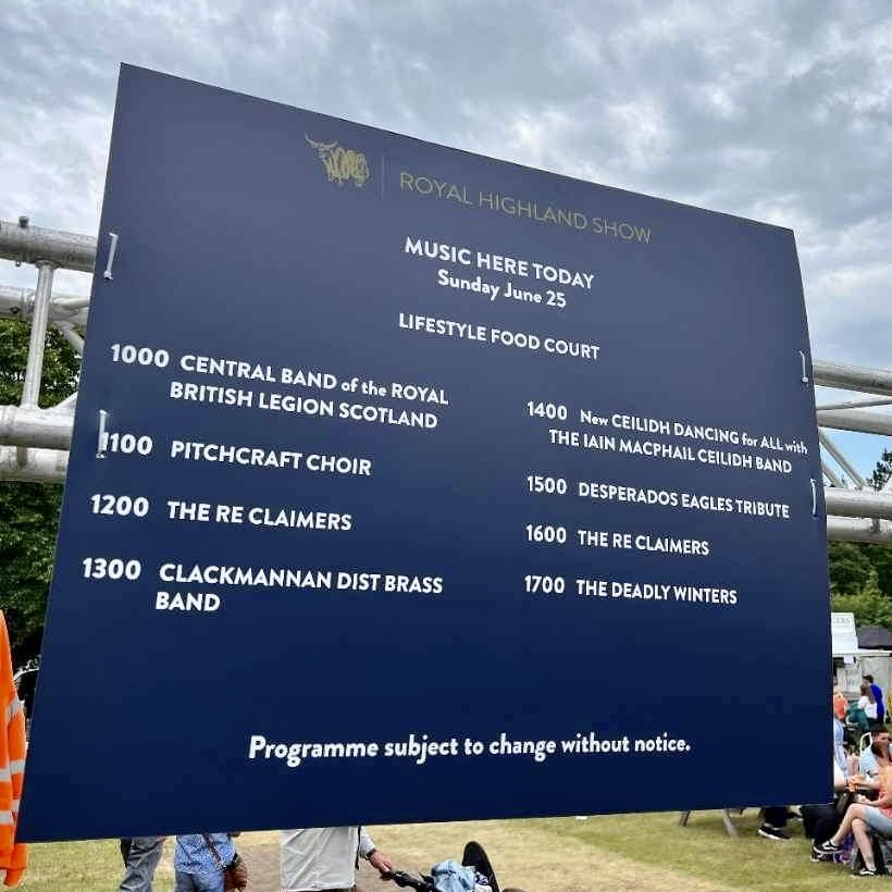 Quite exciting seeing a big sign with your name on it!

Looking forward to playing at @ScotlandRHShow today at 5pm. 

#royalhighlandshow #inglestonshowground #farmersfestival #farmer #horseshow #cattleshow #sheepshearing #scottishbands #scottishmusic #folkmusic #folkrock