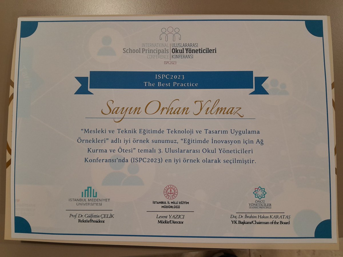 OrhanYILMAZ06's tweet image. 3. Uluslararası Okul Yöneticileri Konferansında (ISPC2023) &quot;En İyi Örnek&quot; olarak seçilen bildirimizi sunduk. #ispc2023