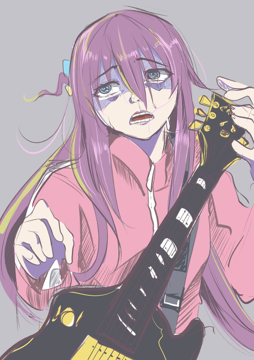 gotou hitori 1girl guitar solo long hair instrument jacket pink jacket  illustration images