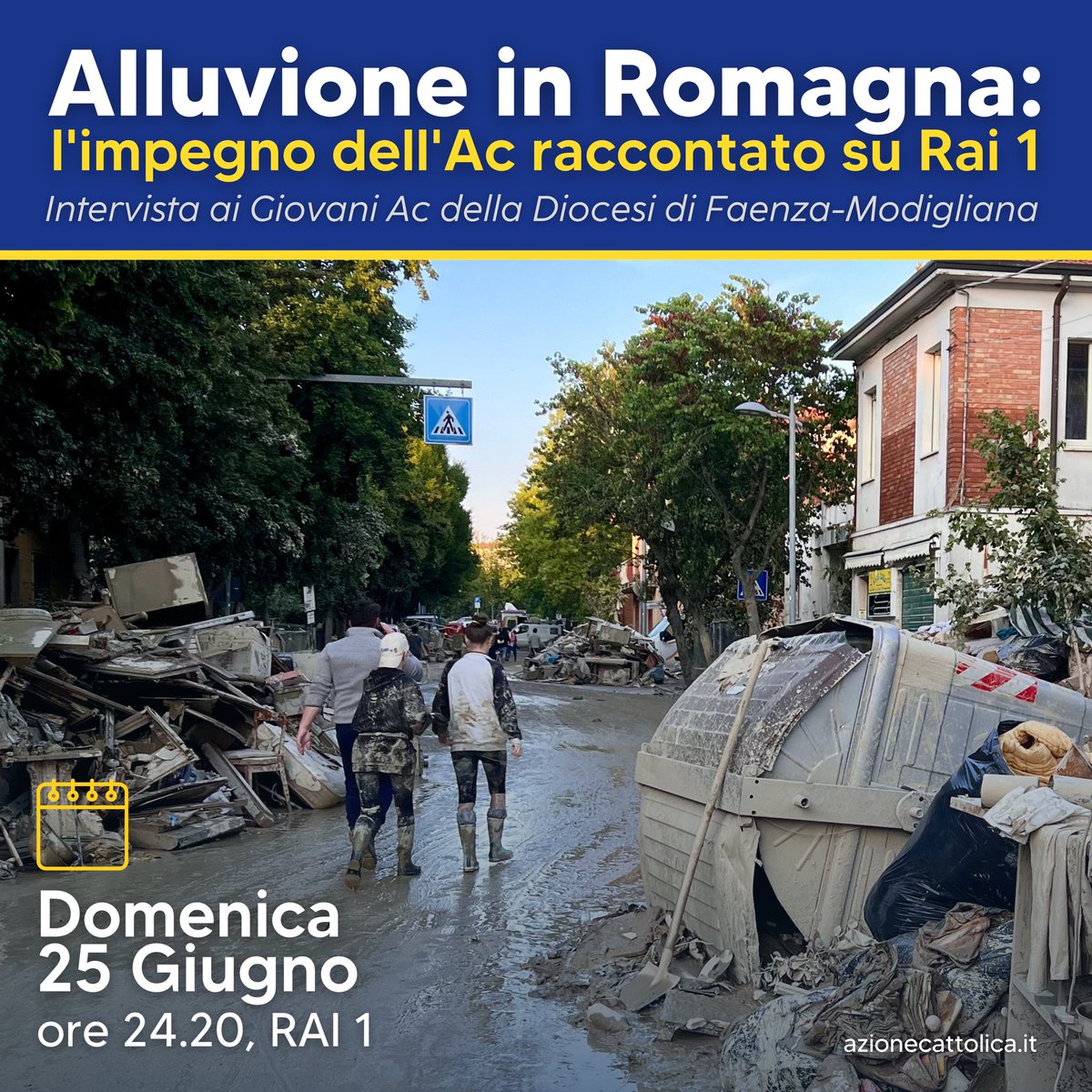 L’#alluvione in Romagna ha messo in ginocchio paesi e territori.

Tante le iniziative immediate del mondo cattolico. #Giovani che spalano, parrocchiani che cucinano, conventi che si aprono. 

📺 La Rai ha deciso di raccontare la mobilitazione silenziosa e viva dei giovani Ac!
