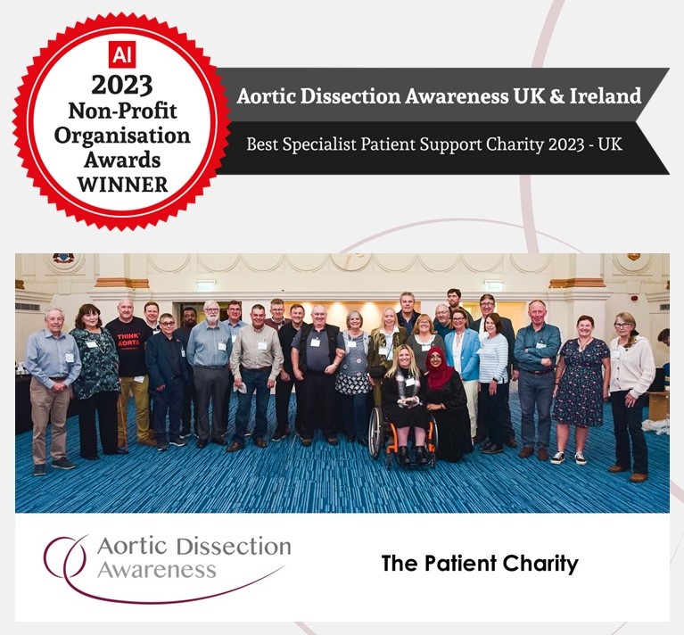 Today we announce that @AorticDissectUK has been awarded 'Best Specialist Patient Support Charity - UK' in the 2023 Non-Profit Organization Awards. The judges highlighted our patient focus & leadership, our @THINK__AORTA campaign & our contribution to #AorticDissection research.