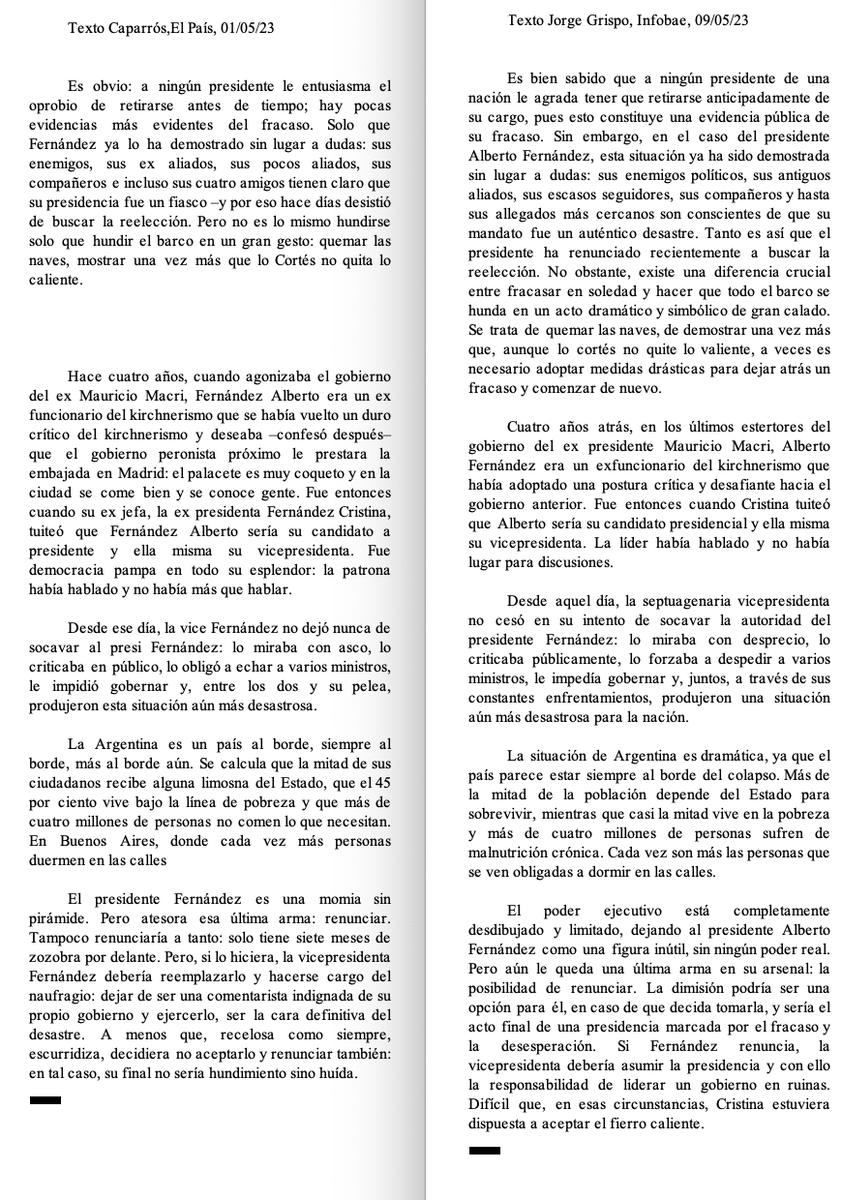 martin_caparros's tweet photo. Me impresiona que @infobae siga publicando textos de @jorgedgrispo, plagiario sin vergüenza. 
Aquí, las pruebas, párrafo por párrafo. A la izq, mi texto; a la derecha, el de Jorge Grispo, publicado una semana después. 
Qué pena que copie tan mal: https://t.co/vISMAkOJKY