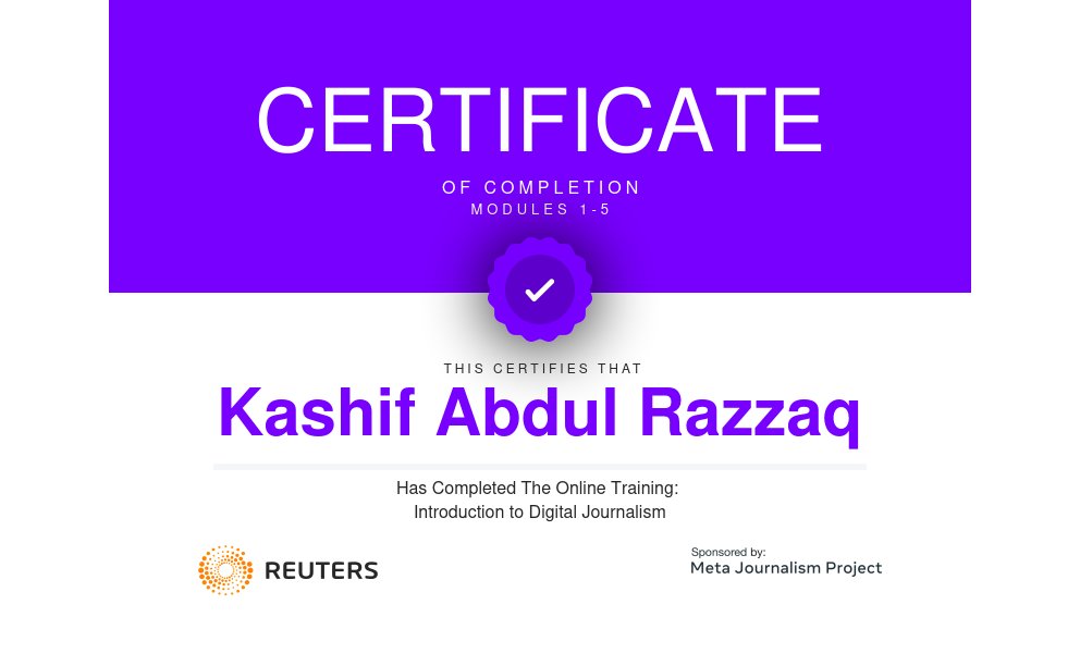 Certified by @MetaNewsroom Digital Journalism training. Ready to create engaging content! #DigitalJournalism #CertificationAchieved
#MetaJournalismproject @Reuters

#ReutersDigitalJournalismCompleted reutersdigitaljournalism.com/course_complet…