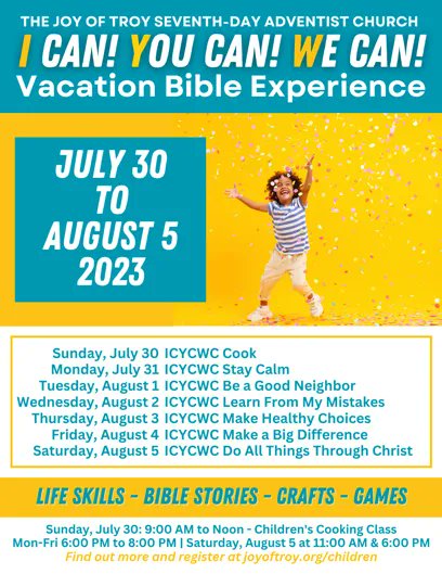 joyoftroysda's tweet photo. You and your children are invited to the #ICAN #YOUCAN #WECAN Vacation Bible Experience where we will learn practical skills for everyday living, hear incredible events from Biblical times, make crafts, and play games. These are FREE events. https://t.co/HLRho0EGao