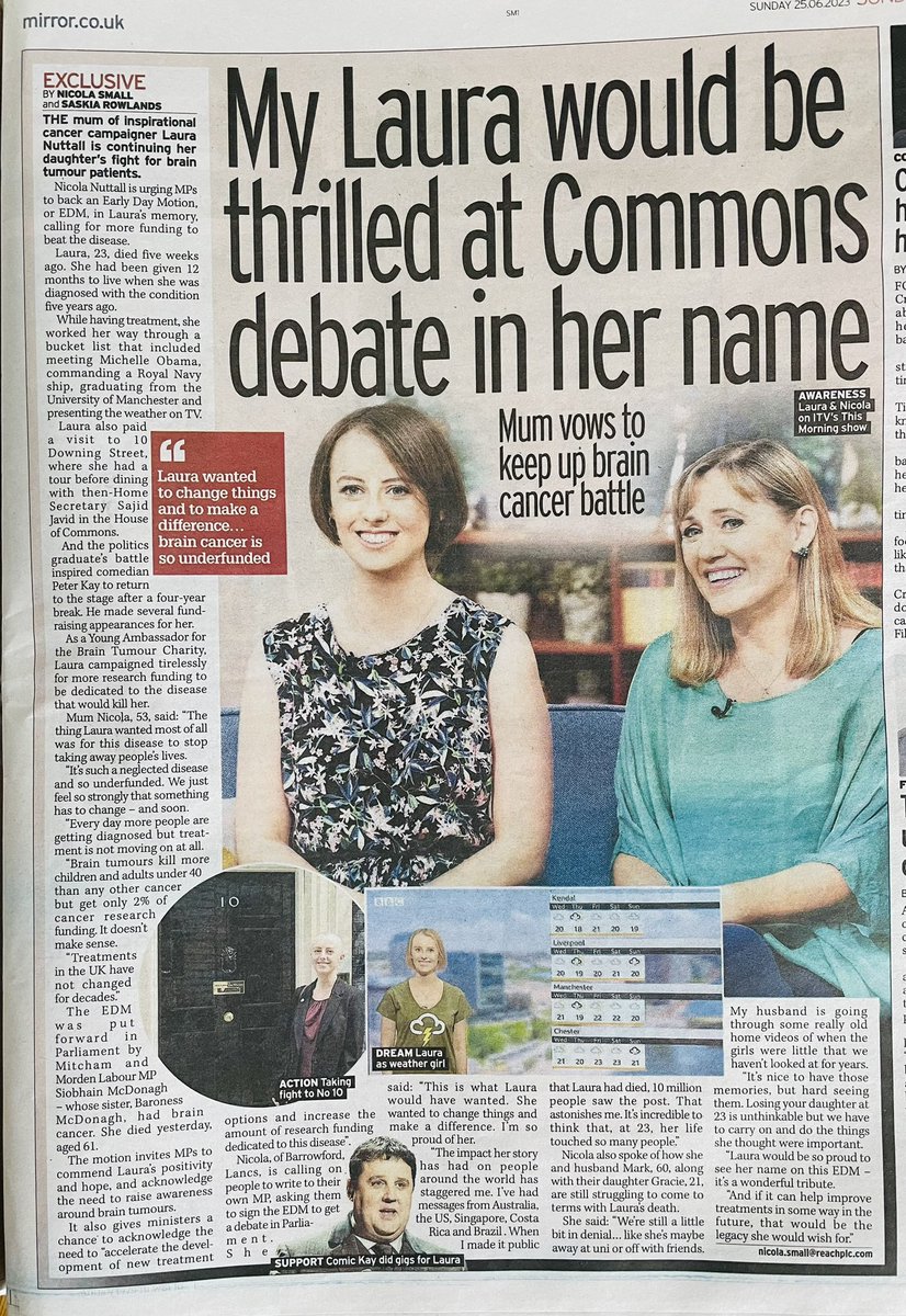 Thank you #SundayMirror <a href="/DailyMirror/">The Mirror</a> for sharing Laura’s story
So lovely to see that smile.
I’m going to keep banging on about the lack of funding &amp; treatment options because I just don’t want other families to go through the same hell we have. <a href="/ourbrainbank/">OurBrainBank</a> 
<a href="/BrainTumourOrg/">The Brain Tumour Charity</a>