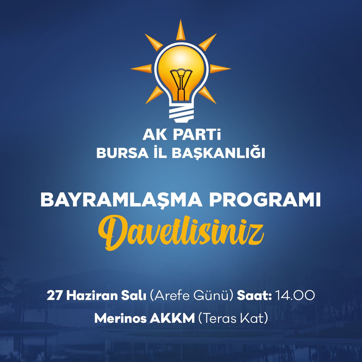 Değerli hemşehrilerim, kıymetli dava arkadaşlarım.

Geleneksel Bayramlaşma programımızı Arefe günü gerçekleştiriyoruz. 

Bayram sevincimizi birlikte paylaşmak için; 2️⃣7️⃣ Haziran Salı Günü Saat: 1️⃣4️⃣:0️⃣0️⃣'da Merinos AKKM'de buluşalım.
