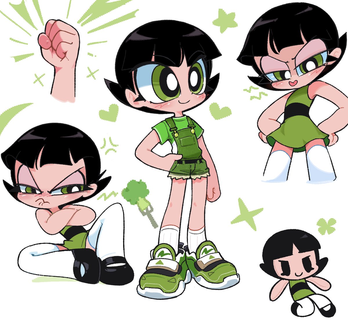 1girl shoes green eyes black hair thighhighs crossed arms multiple views  illustration images
