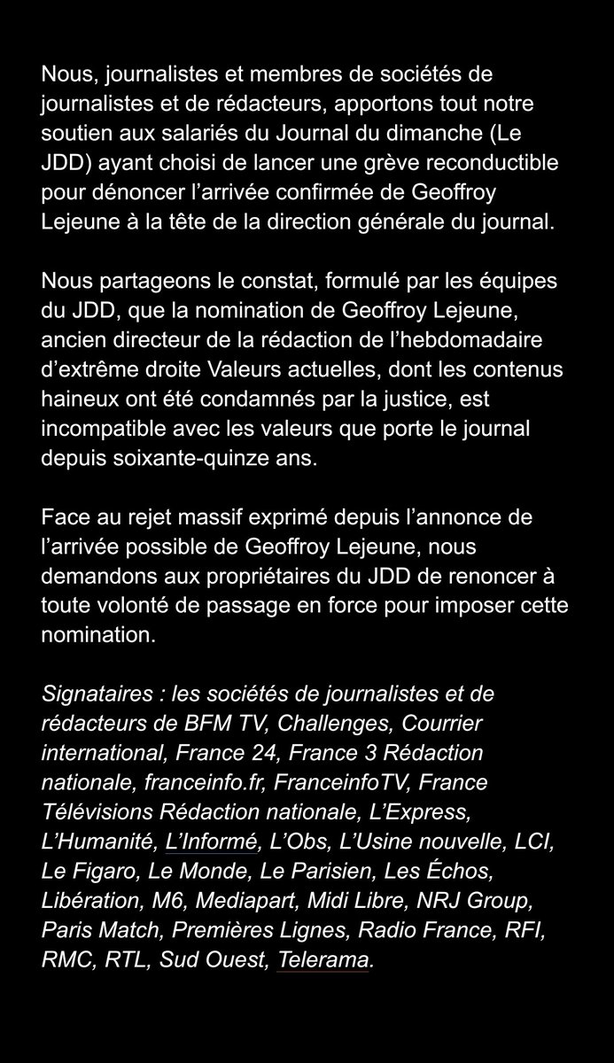 Avec plus de 30 sociétés de journalistes, la SDJ de LCI apporte son soutien aux salariés du JDD qui se battent pour pouvoir conserver leur ligne éditoriale.
@SDJduJDD