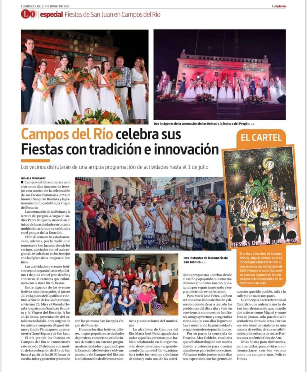 👉El diario La Opinión de Murcia dedica una página a las Fiestas de Campos del Río🎶

Sigamos haciéndolas grandes entre todos y recibamos a los visitantes como solo los camperos sabemos hacerlo ¡¡Felices Fiestas!!

#CamposdelRío #SiempreATuLado