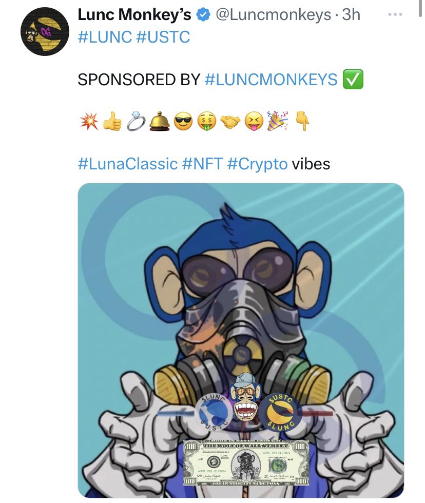 hatham33's tweet photo. Against all odds…

Comes the #LUNCMONKEYS 👀 

✅ GAME CHANGER 🤑

@opensea #nft #Crypto 

$lunc #USTC vibes https://t.co/vUE2HGXXwm