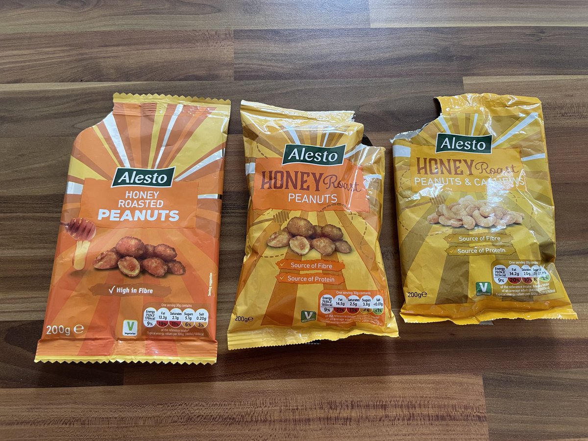 bazzygee's tweet photo. @LidlGB not sure what happened when you changed the packaging but the two packs on the right are awful. The nuts are hard and the flavour is nowhere near as good. Can you bring the old ones back???? 😔 #notdeeznuts https://t.co/S2TfA7032j