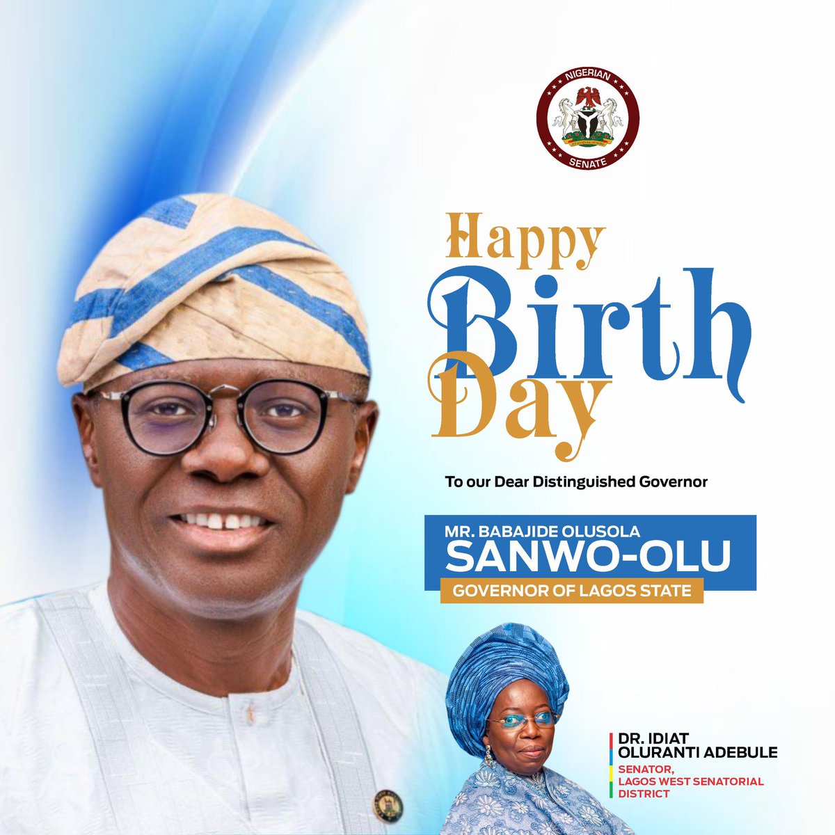 DrAdebuleIdiat's tweet photo. I'm pleased to, on behalf of my family and the good people of Lagos West Senatorial District, heartily rejoice with Lagos State Governor, @jidesanwoolu on the auspicious occasion of his 58th birthday, today. https://t.co/3hHAa6ymEW