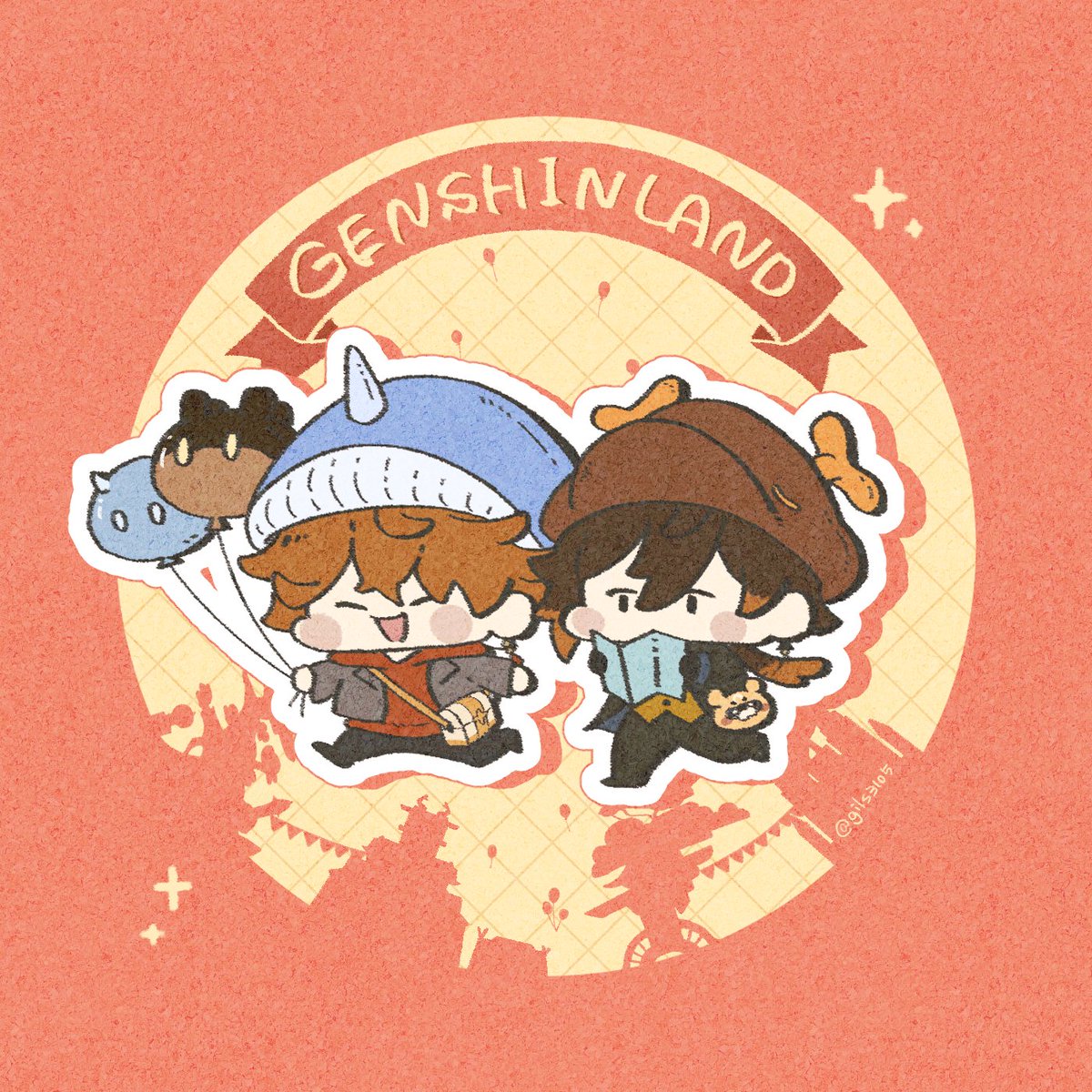 tartaglia (genshin impact) ,zhongli (genshin impact) multiple boys 2boys brown hair chibi holding bangs hat  illustration images