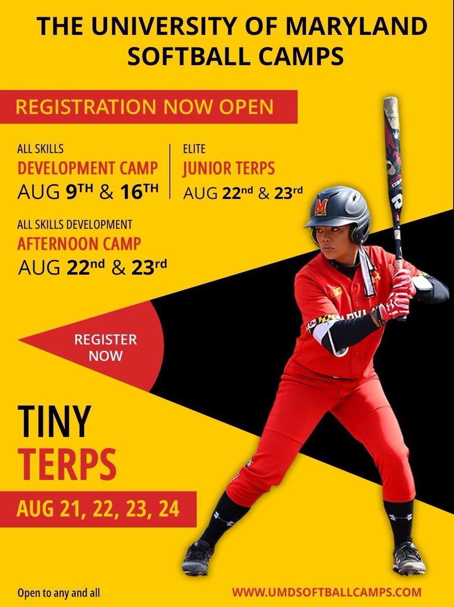 Lots of opportunities for great instruction and exposure at all levels at @TerpsSoftball camps in August! @GoCoacher @CoachJohnGarris #GoTerps