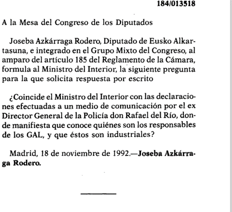 MariadelOlmoI's tweet photo. @igarri_naiz @josebaazkarraga @periodicoaragon Es muy importante, ante estas repugnates declaraciones de #Belloch , reproducir la pregunta parlamentaria 1993 de @josebaazkarraga sobre la implicación de industriales en los #GAL y la respuesta del Mº del Interior Virgilio Zapatero.
La larga trama de los GAL!!! https://t.co/BhRRdgMyHA