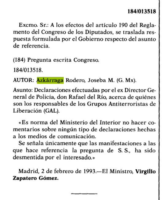MariadelOlmoI's tweet photo. @igarri_naiz @josebaazkarraga @periodicoaragon Es muy importante, ante estas repugnates declaraciones de #Belloch , reproducir la pregunta parlamentaria 1993 de @josebaazkarraga sobre la implicación de industriales en los #GAL y la respuesta del Mº del Interior Virgilio Zapatero.
La larga trama de los GAL!!! https://t.co/BhRRdgMyHA