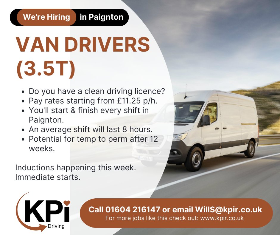 **VAN DRIVERS** Paignton. From £11.25 p/h. Potential for temp to perm after 12 weeks. Immediate start! Please Call 01604 216147 or Email WillS@kpir.co.uk. To view our jobs, visit kpir.co.uk/sector/driving…
#drivingjobs #vandriver #paigntonjobs #devonjobs