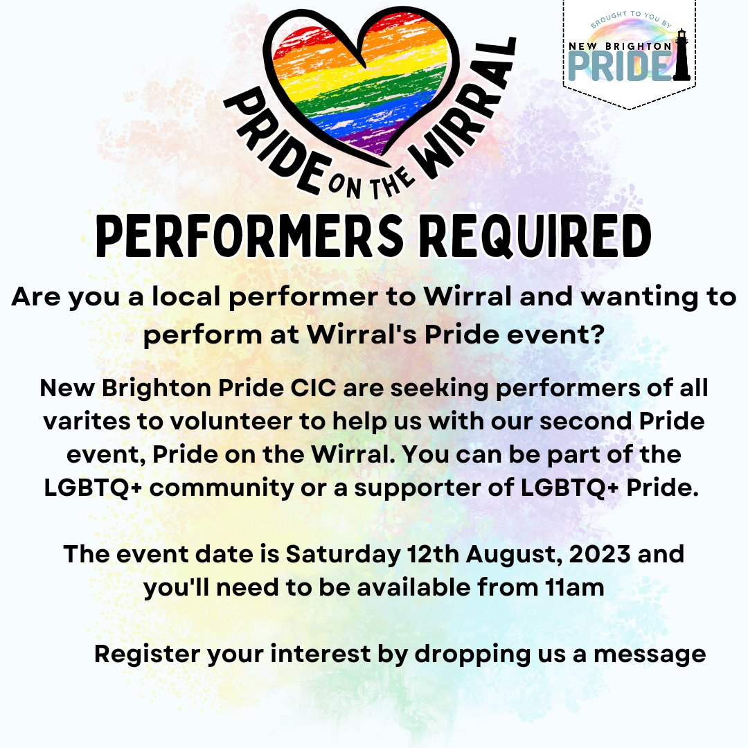 Are you a performer? Do you know a performer, band, or group? Share this post.
#NewBrightonPride #WirralPride #PrideontheWirral #LGBT #Wallasey #Heswall #Hoylake #WestKirby #Birkenhead #Bebington #Wirral #Pride #PrideontheWirral