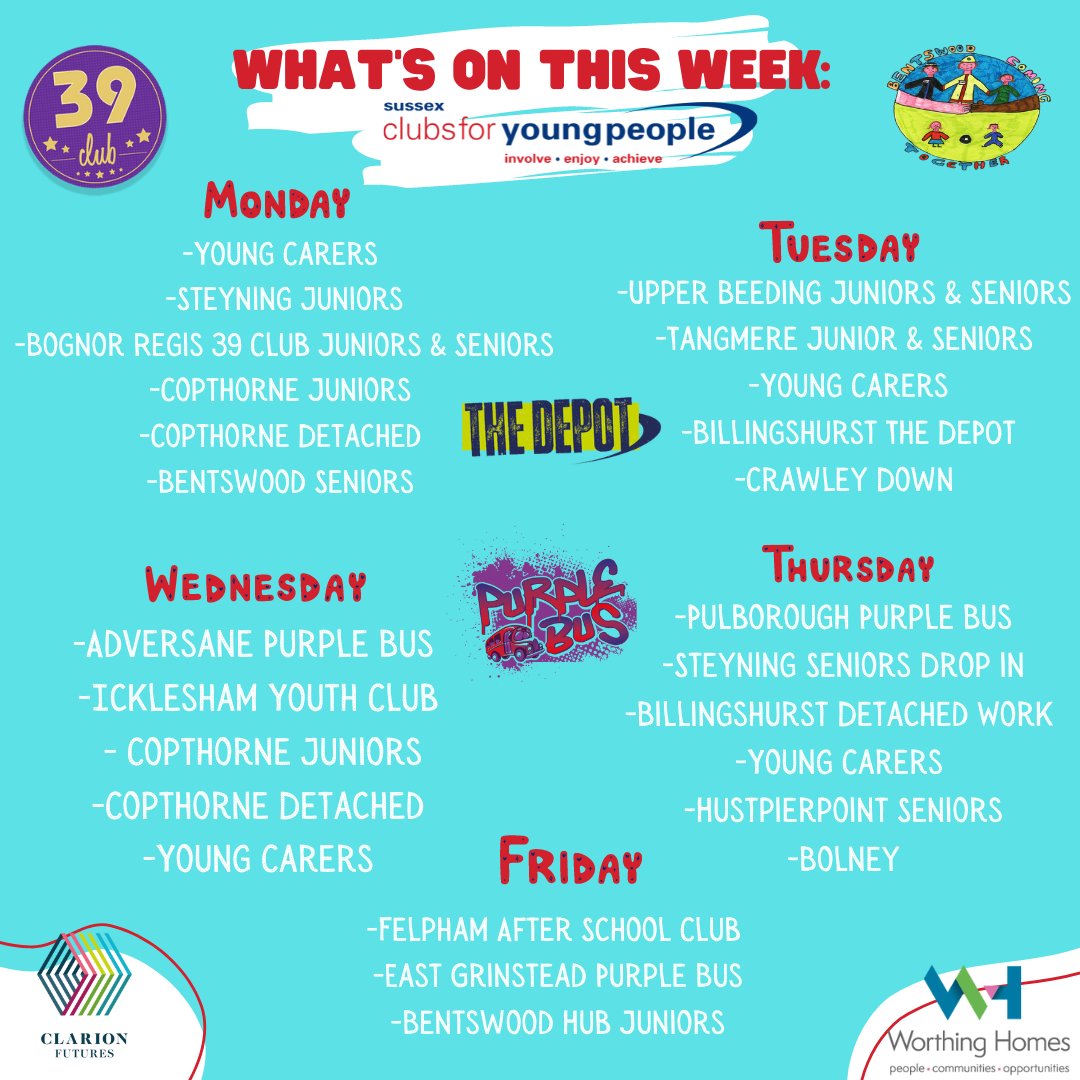 ✨ What’s on this Week ✨ The Purple Bus 🚐 Detached Youthwork 🚶 Junior & Senior Sessions 🎨 Young Carers 💙 See you there! 👋 #sussexcyp #youthclubs #youthwork #startsomewhere #youngpeople #youngcarers
