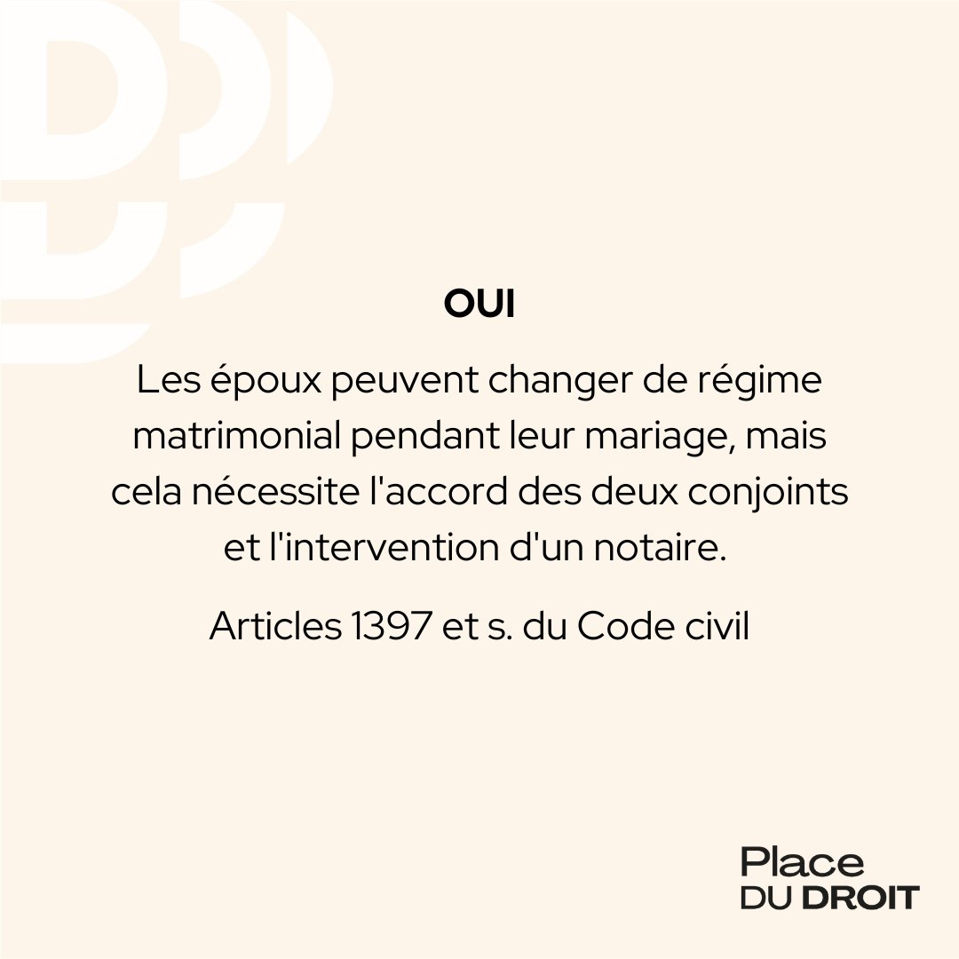 ❓Est-il possible de changer de régime matrimonial après le mariage ?

#droit #droitdelafamille #droitcivil #régimematrimonial #mariage #facdedroit #crfpa #crfpa2023 #avocat #juriste #culturejuridique
placedudroit.com