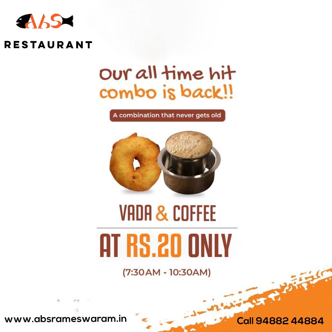 ☕Sip a cup of our creamy coffee and take a bite of our scrumptious Vada🥯. A combination one can never miss!!🥨

👌🏻Get the best of both @ ABS Restaurant, Rameswaram...

🌏Visit : absrameswaram.in
📞Call : 094882 44884 
.
.
.
#coffeetime #coffeeaddict #coffeelover #coffee