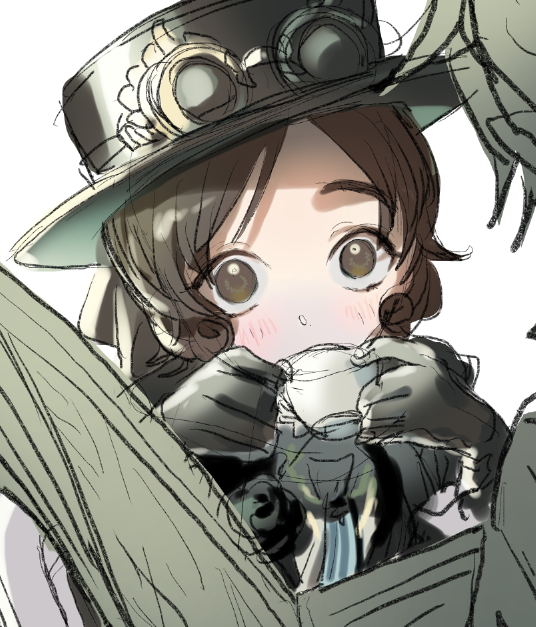 hat 1girl cup gloves brown hair drinking white background  illustration images