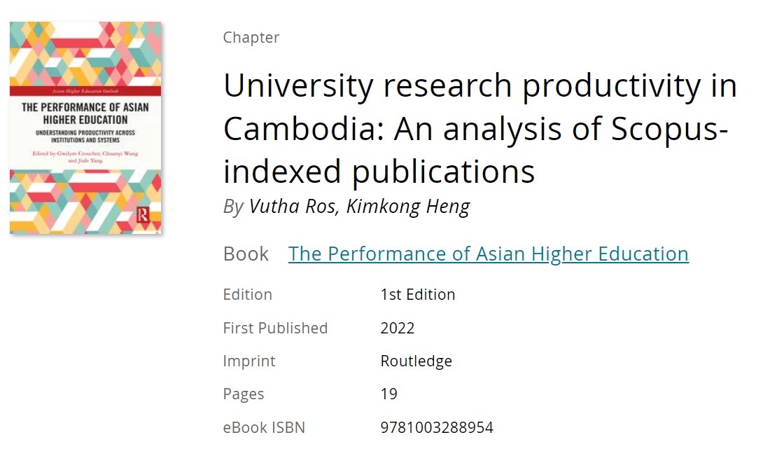 KimkongHeng's tweet photo. A summary of my co-authored book chapter, entitled "University research productivity in Cambodia: An analysis of Scopus-indexed publication," can be downloaded here: 

https://t.co/8dODE3Qi9F https://t.co/705LELh7Rg
