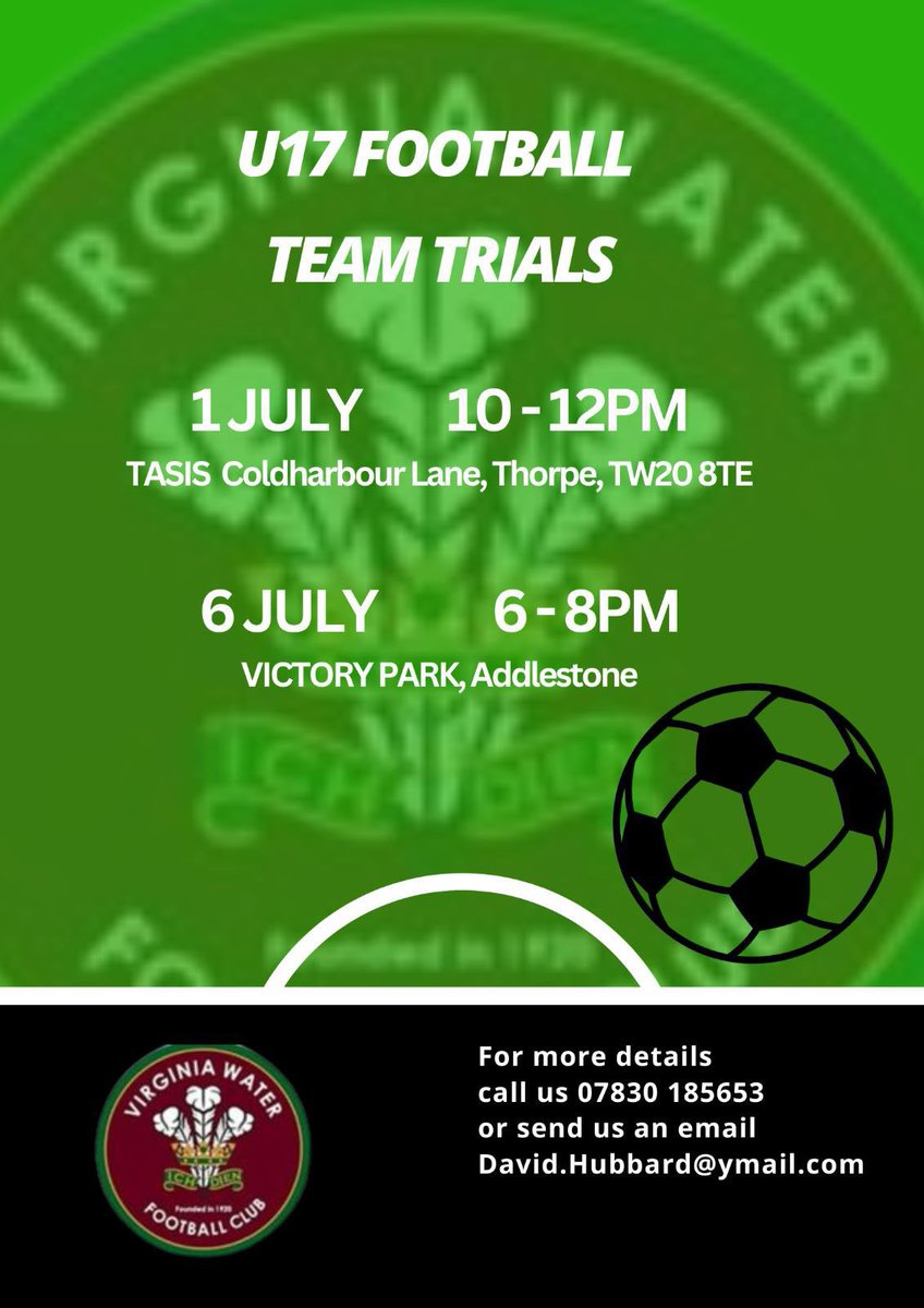 If you are U17 or know of anyone who is and would like to come to try out. Please see the dates for two team trials coming up

#u17football #u17surreyfootball #surreyprimaryleague #u17teamtrials #comeandtryout #surreyfootball #youthfootball #vwfcyouth #under17football