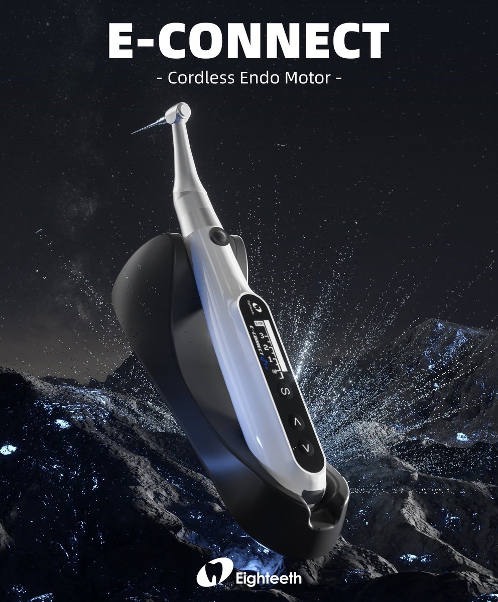Eighteeth cordless endo motor -𝐄-𝐂𝐎𝐍𝐍𝐄𝐂𝐓
📷Integrate Endomotor with Apex Locator (Connect Function)
📷Five Reciprocation Modes (M0)
📷Nine Editable Memory Programs (M1 to M9)
📷One Piece Contra Angle Head
📷360° Clockwise Rotational Movement
Start your endo with Eighteeth