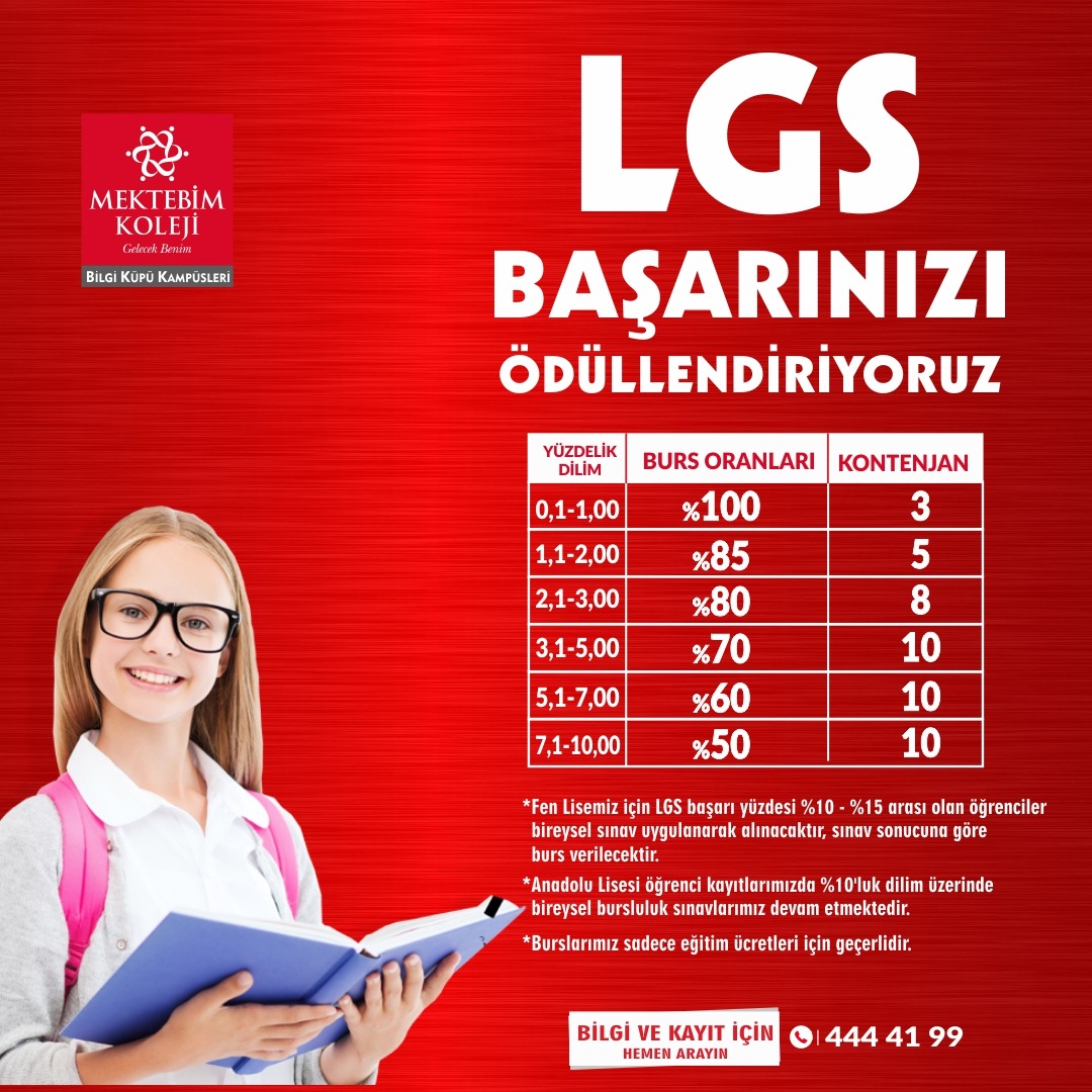 LGS Başarınızı Ödüllendiriyoruz.
% 50'den %100'e kadar burs oranlarımızdan yararlanmak için hemen 444 41 99 numaralı hat üzerinden bizlere ulaşabilirsiniz.
.
.
.
.
#mektebimkoleji #mektebimkocaelibilgiküpümerkezkampüs #lgs #lgs2023 #izmit #kocaeli