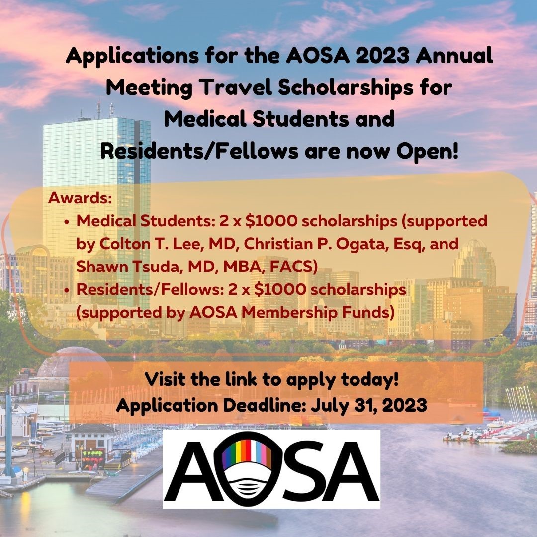 Association of Out Surgeons and Allies (AOSA) (@outsurgeons) on Twitter photo 2023 AOSA Meeting Travel Scholarship Application period is now open! Apply by July 31st! AOSA Annual Meeting will be held October 24th during the Clinical Congress in Boston.
ohsu.ca1.qualtrics.com/jfe/form/SV_3y…
<a href="/AmCollSurgeons/">American College of Surgeons</a> 2023 AOSA Meeting Travel Scholarship Application period is now open! Apply by July 31st! AOSA Annual Meeting will be held October 24th during the Clinical Congress in Boston.
ohsu.ca1.qualtrics.com/jfe/form/SV_3y…
<a href="/AmCollSurgeons/">American College of Surgeons</a>