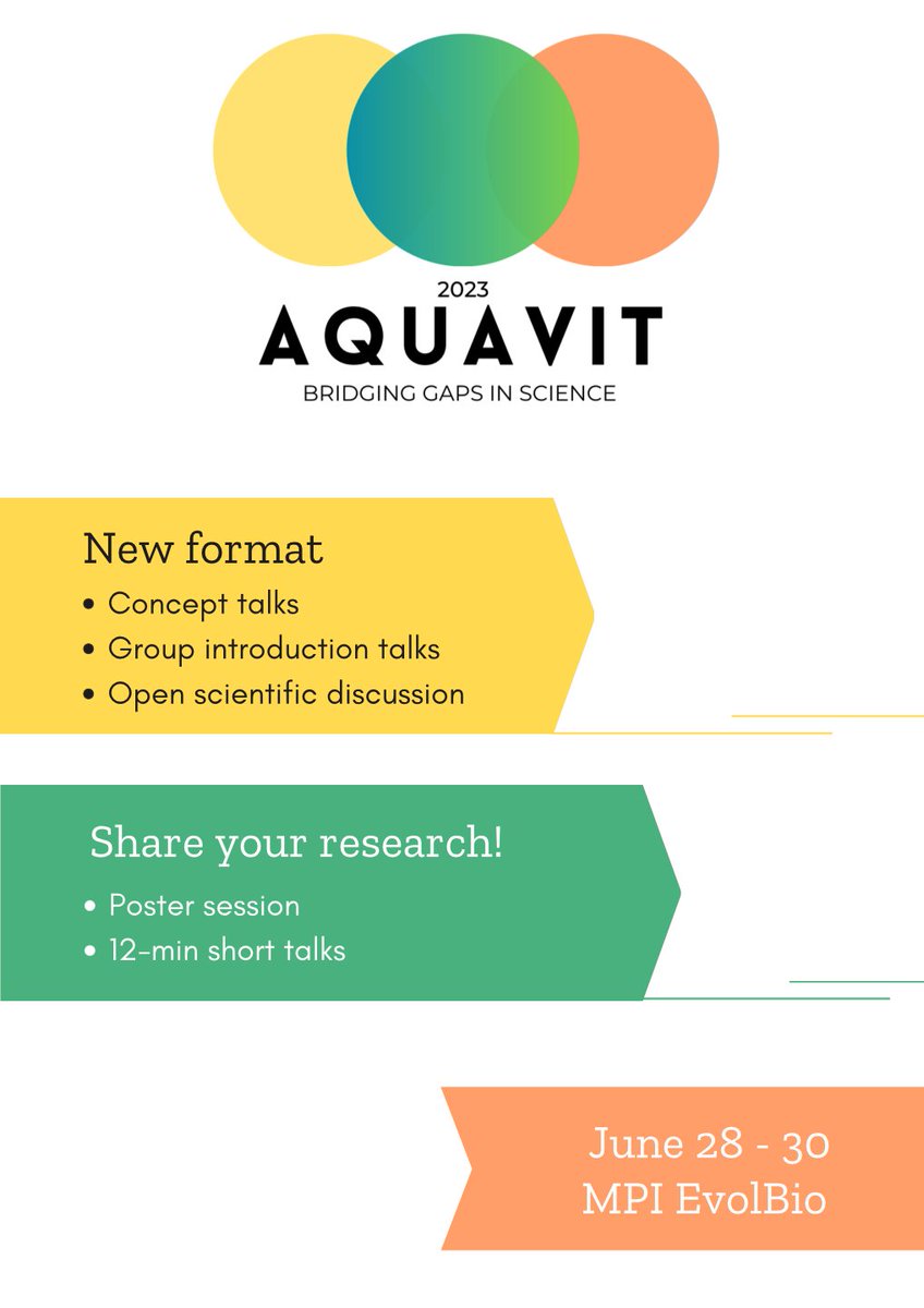 Aquavit 2023! 🔜🤩
Annual internal symposium of the MPI Evolutionary Biology

Looking forward to all the exciting scientific discussions and a wonderful exchange of ideas!

🗓️28-30 June
📍@MPI_EvolBio #Plön