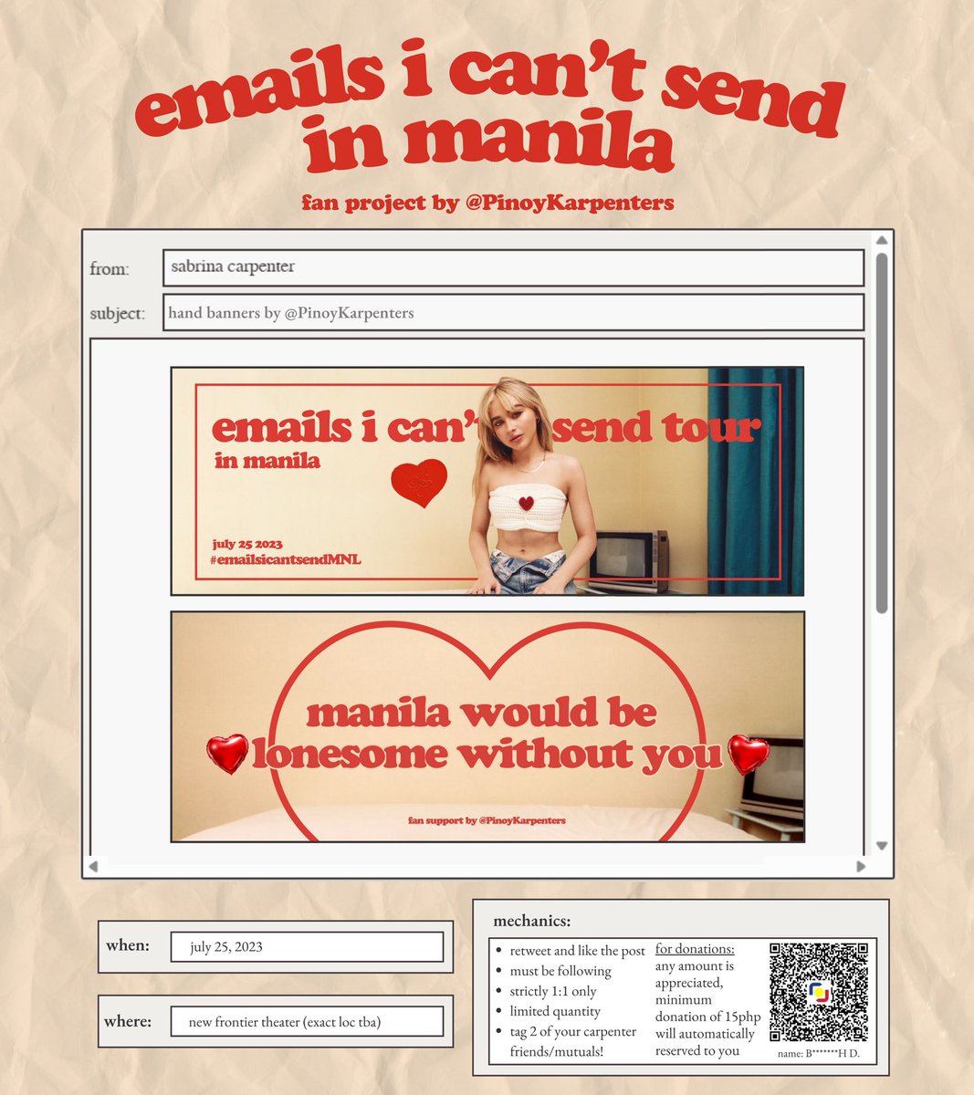 PinoyKarpenters's tweet photo. Great news, Filo Carpenters! We are also giving away hand banners for #EmailsICantSendMNL 💌 

Limited stocks only, so make sure to read and follow the mechanics on how to claim your banners💗 Donations are also highly appreciated! 

#SabrinaCarpenterMNL #PKarpentersGives https://t.co/YgFdPPecrf