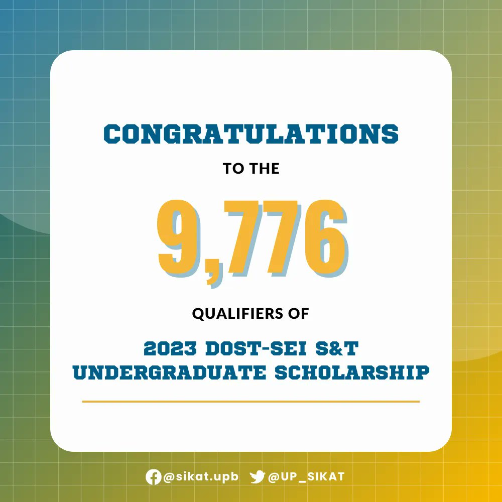 UP_SIKAT's tweet photo. Pagpupugay sa mga bagong iskolar ng agham!

Malugod na pagbati ang ipinaaabot ng UP Samahan ng mga Iskolar ng Kagawaran ng Agham at Teknolohiya sa 9,766 na bagong iskolar ng Kagawaran ng Agham at Teknolohiya! https://t.co/Fmv0GiP4tZ
