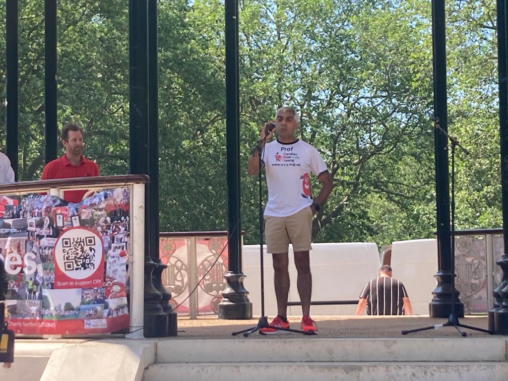 CRY_UK's tweet photo. Thanks to Professor Sanjay Sharma @SSharmacardio for speaking at the CRY Heart of London Bridges Walk today, walkers have now set off on the 6.5 mile route through London and we look forward to welcoming them back to Southwark Park for the CRY Family Picnic 🧺 https://t.co/Gt4OclHet6