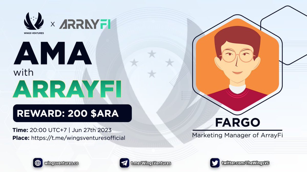 🔥 Join with us in the AMA with <a href="/Array_Protocol/">ArrayFi</a>

⏰ Time: 20:00 UTC+7 | June 27
📍Location: t.me/wingsventureso…
🎁 Reward : 200 $ARA for 10 selected questions

Follow + RT+ Tag 3 friends, comment your question below and we will choose 5 questions. Good Luck all🔥