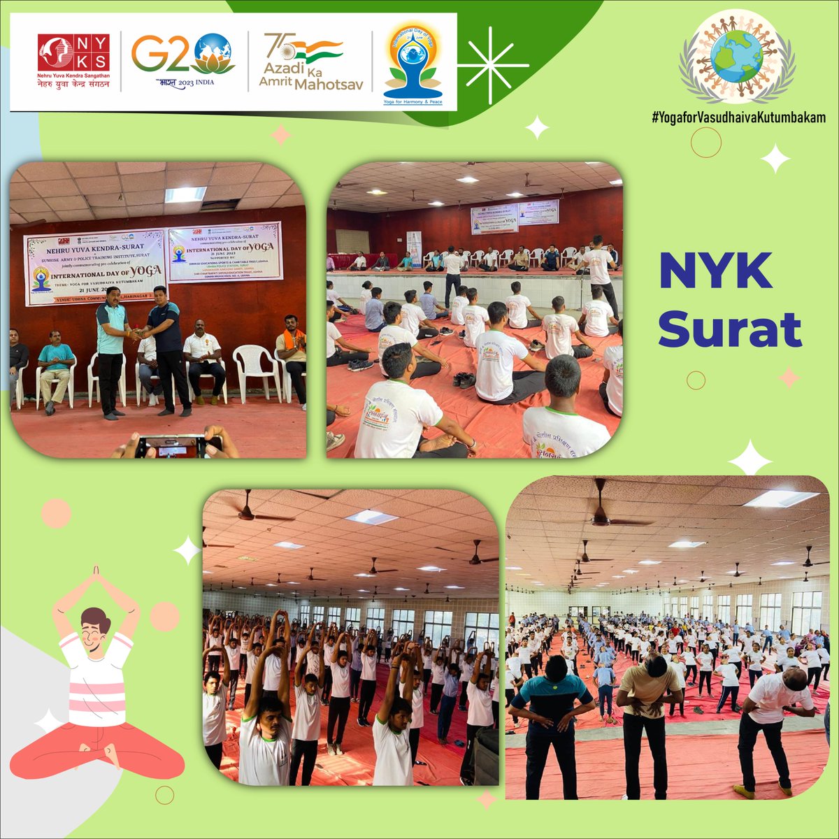District level program was organized by Nehru Yuva Kendra Surat(@NYKSURAT) on #IDY2023. More than 300 youths participated in this celebration.

#NYKS4Yoga #YogaforVasudhaivaKutumbakam #Surat #Yoga #Youth