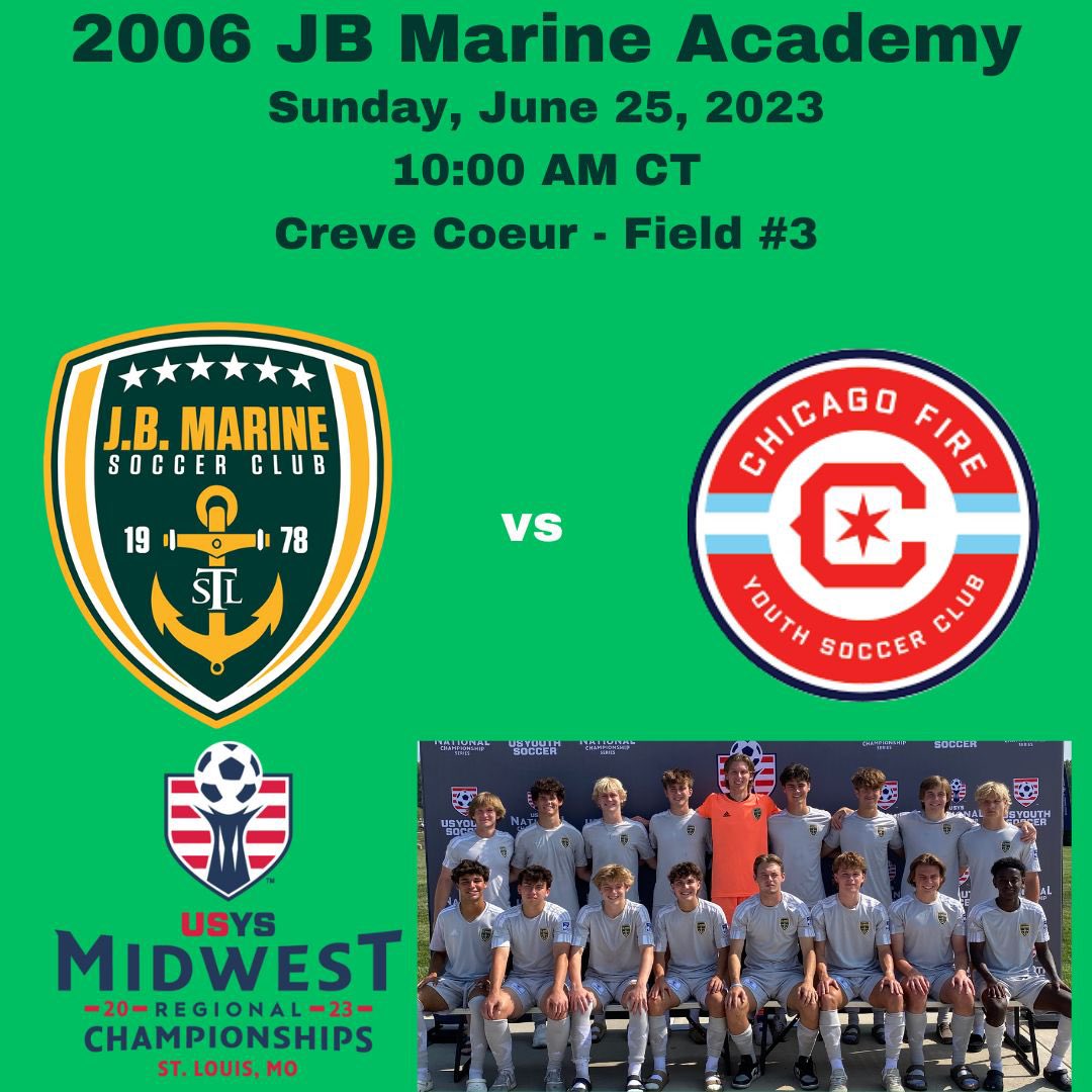 <a href="/2006JBMarineb/">2006 JB Marine Academy McKeon</a> Regional pool game 3. 10:00 on CCP field 3. 
<a href="/SLUMensSoccer/">SLU Men's Soccer</a> <a href="/SIUEMensSoccer/">SIUE Men's Soccer</a> <a href="/OhioStateMSOC/">Ohio State Men’s Soccer</a> <a href="/LindenwoodMsoc/">LindenwoodMSOC</a> <a href="/DaytonMSoccer/">Dayton Men’s Soccer</a> <a href="/KCRoosMSoccer/">Kansas City Soccer</a> <a href="/BUKnightsMSOC/">Bellarmine Men's Soccer</a> <a href="/MaryvilleSoccer/">Maryville Men’s Soccer</a> <a href="/UISMSoccer/">UIS Men's Soccer</a> <a href="/TrumanMSoccer/">Truman Men's Soccer</a> <a href="/Miners_MSOC/">S&T Men's Soccer</a> <a href="/DUMensSoccer/">Drury Mens Soccer</a> <a href="/WebsterSoccer/">Webster University Men's Soccer</a> <a href="/NIUMSoccer/">NIU Men's Soccer</a> <a href="/JBMarineSC/">J.B. Marine SC</a>
