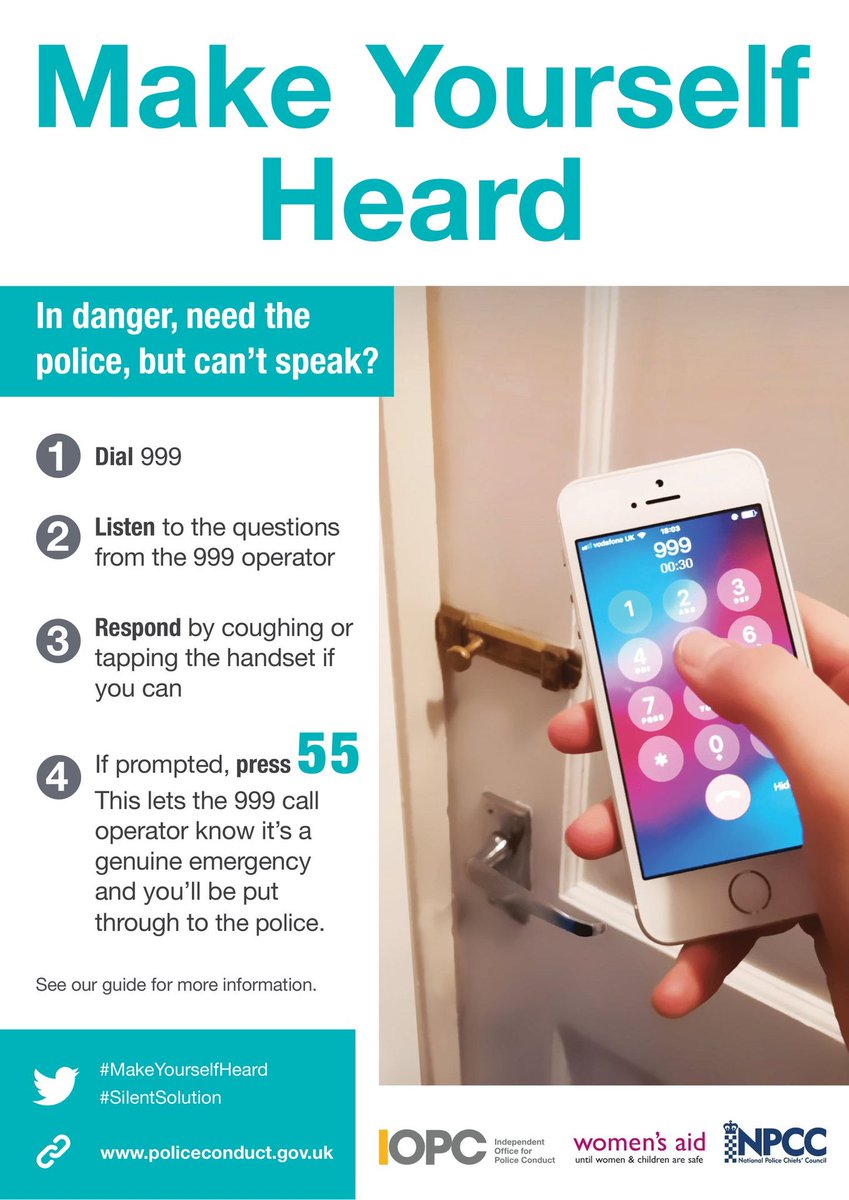 If you find yourself in an emergency situation where it is too dangerous to speak or make a noise, you can still make a 999 call using #SilentSolution
Press 55 when asked and trained call handlers will know it's a genuine emergency.
#MakeYourselfHeard