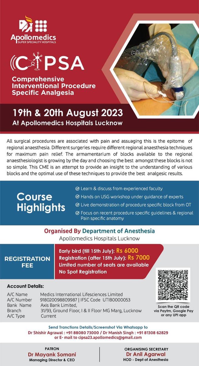 It is my pleasure to invite all of you to attend this CME/ workshop on procedure specific ultrasound guided regional anaesthesia techniques.