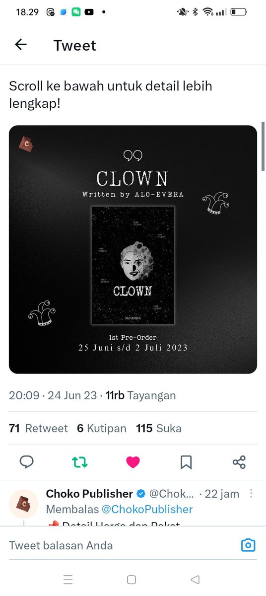 pyaapyaavv's tweet photo. @ChokoPublisher @slythreein Mau clown... Kepo banget ver novel nya. Ku ingin masuk ke universe nya clown🤡 Wml yorobun 🙏🏻🙏🏻 https://t.co/TyBsE1DoAn