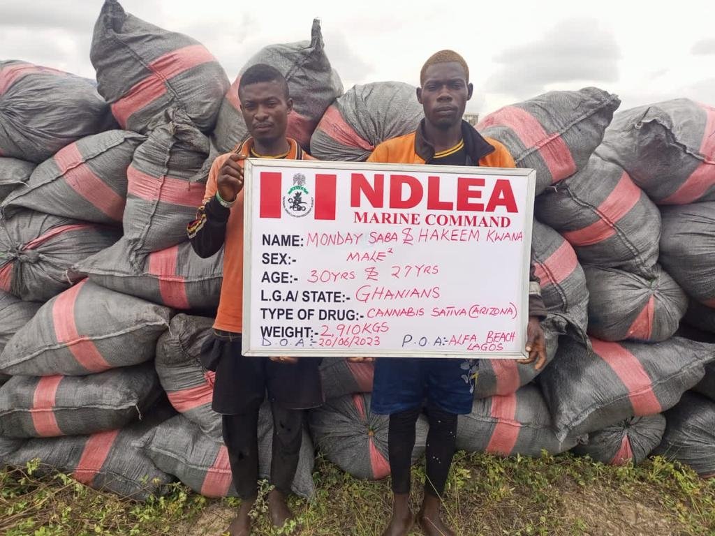 NTANewsNow's tweet photo. Operatives of the National Drug Law Enforcement Agency, NDLEA, have intercepted two imported consignments of Loud, a strong strain of cannabis, with a combined weight of 5,344.1 kilograms along the Epe-Lekki corridor and at the Alfa beach, Lekki area of Lagos state.
Based on credible intelligence, NDLEA operatives laid ambush for a white truck conveying 50 jumbo bags of the illicit substance weighing 2, 434.1kg along the Epe-Lekki expressway in the early hours of Monday 19th June. The truck driver however jumped out of the vehicle and escaped in a security hilux van escorting the truck, after the anti-narcotics officers successfully demobilized the truck conveying the drug exhibits.
