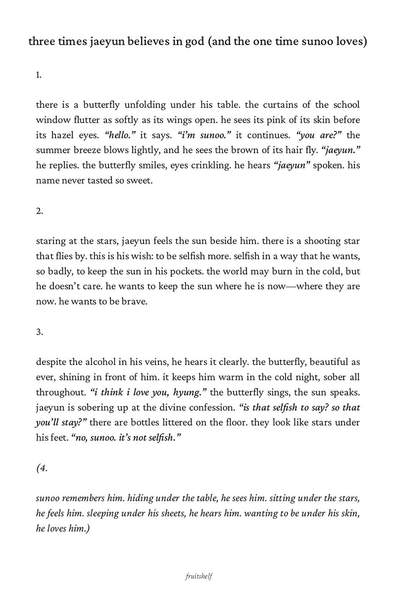 “prophetic intimacies
spelled like our names”

a #sunjake drabble on
first meetings, butterfly
wings, and love immemorial.